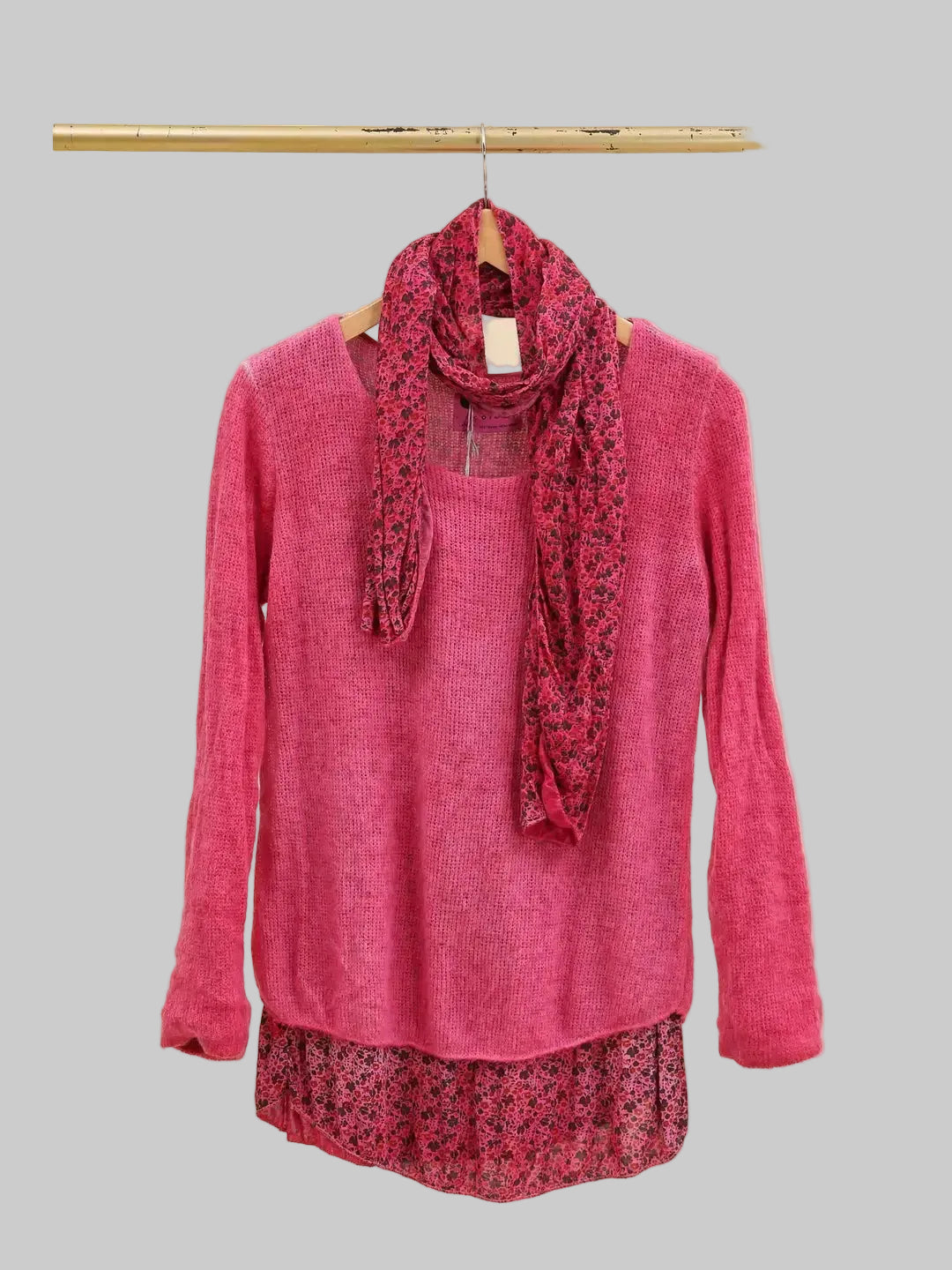 Floral Lined Sweater with Scarf, Fuxia