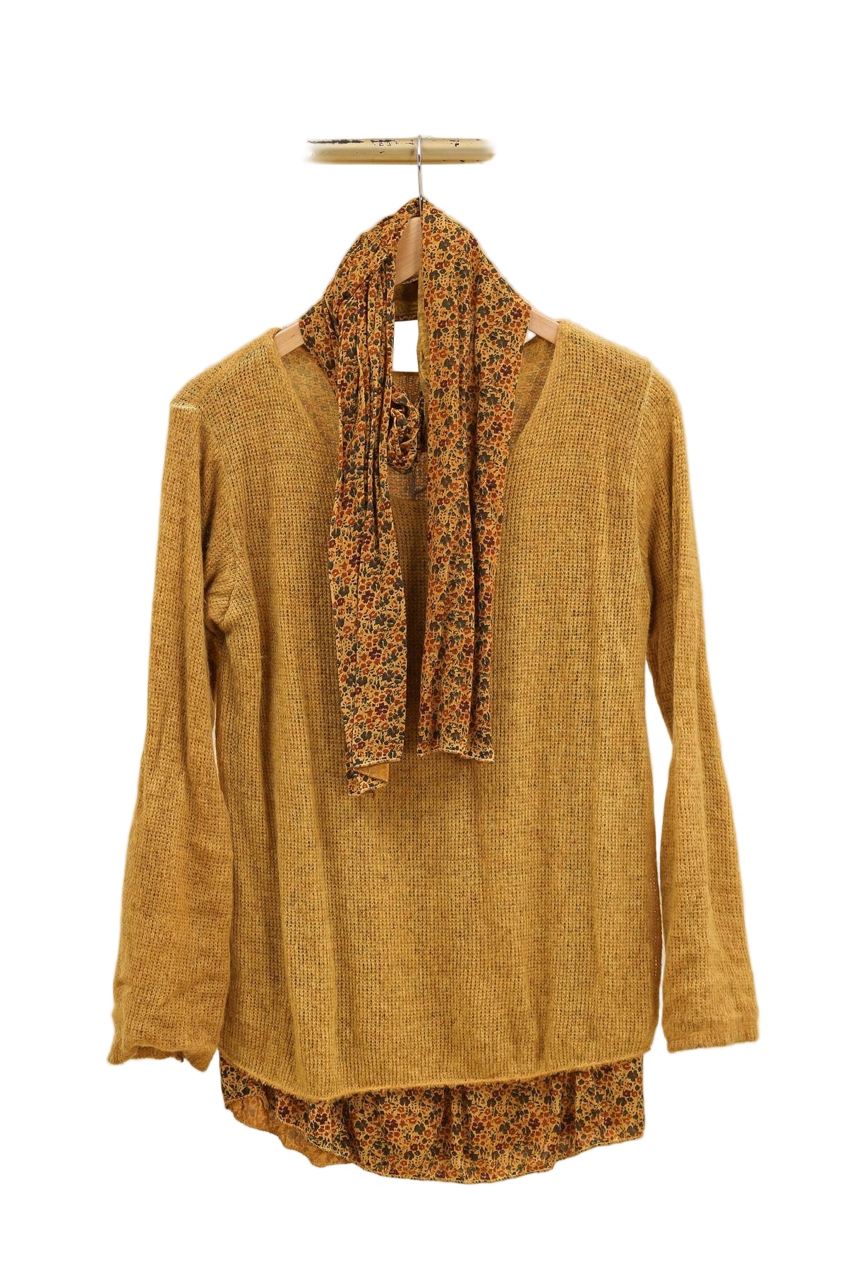 Floral Lined Sweater with Scarf, Mustard
